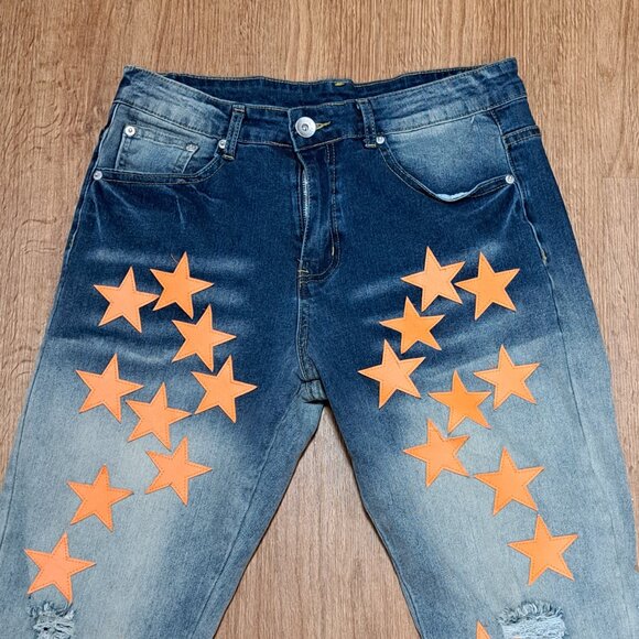 DD2 Faux Leather Orange Applique Star Distressed Denim Men's Size 30 - Picture 5 of 10